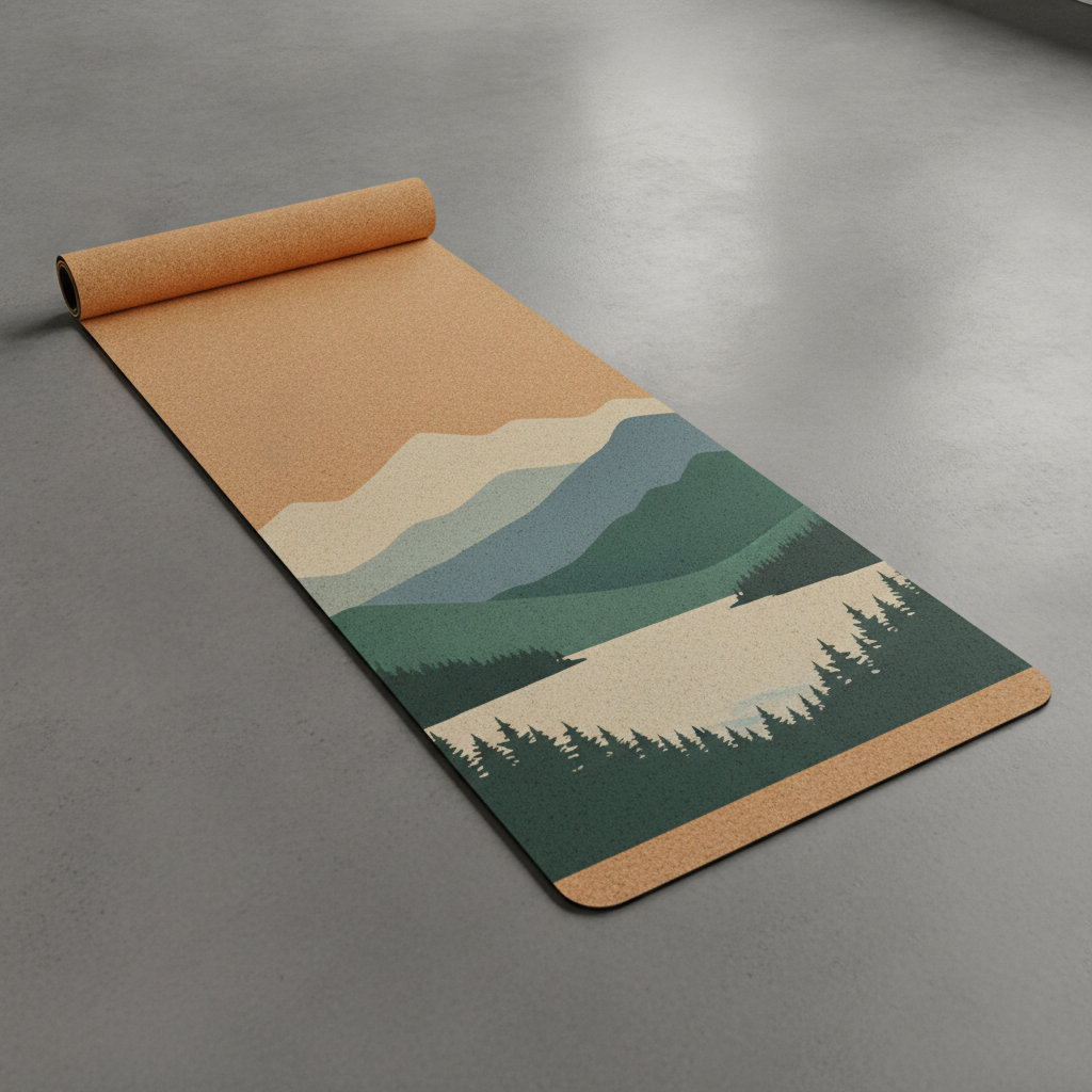 Muted landscape yoga mat design made with AI: a natural cork mat printed with layered forest green and slate blue mountain ridges and a still lake, laid on polished concrete