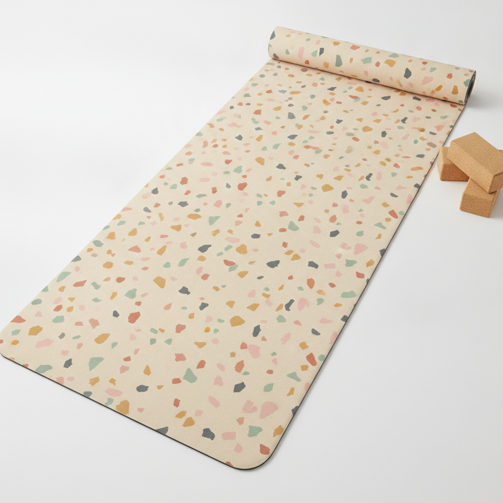 Terrazzo yoga mat design made with AI: a sand coloured suede-surface mat scattered with blush pink, sage, terracotta and mustard terrazzo chips, shown beside two cork blocks