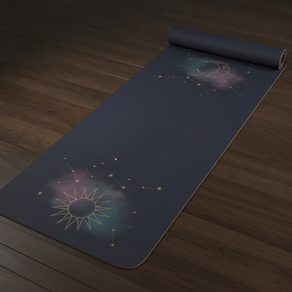 Celestial yoga mat design from the AI yoga mat design generator: a midnight navy mat with a dusty gold sun and crescent moon joined by fine constellation lines
