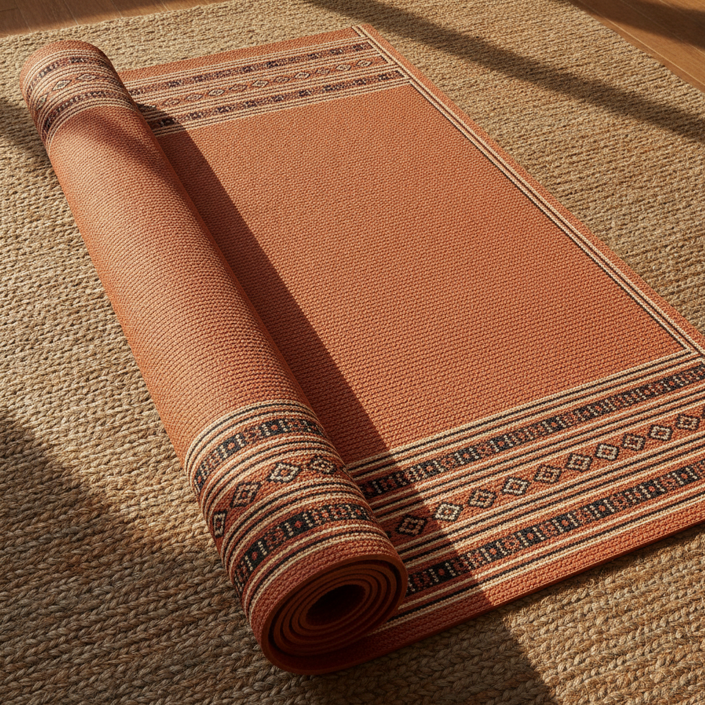 Boho border yoga mat design made with AI: a warm terracotta ribbed mat with cream and black geometric bands at both ends and an open plain middle, on a jute rug