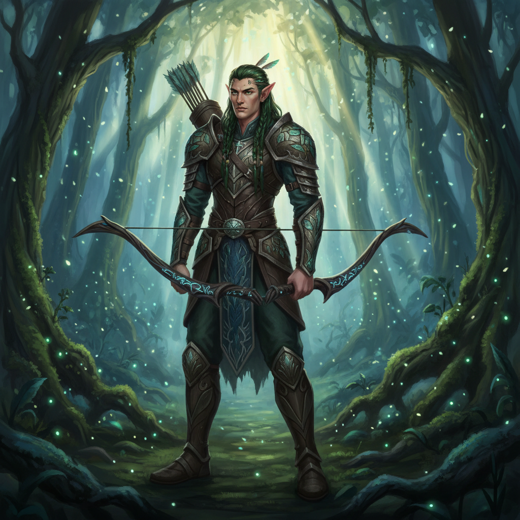Fantasy elven ranger character illustration made with the AI Yollo image generator