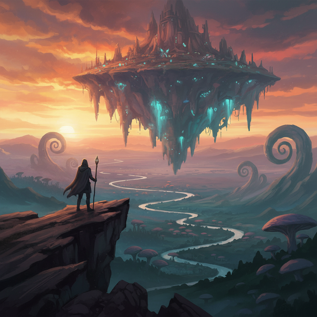 Epic fantasy matte painting of a floating island created with the AI Yollo image generator