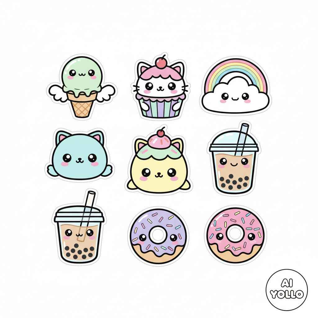 Sheet of cute chibi sticker characters designed with the AI Yollo image generator