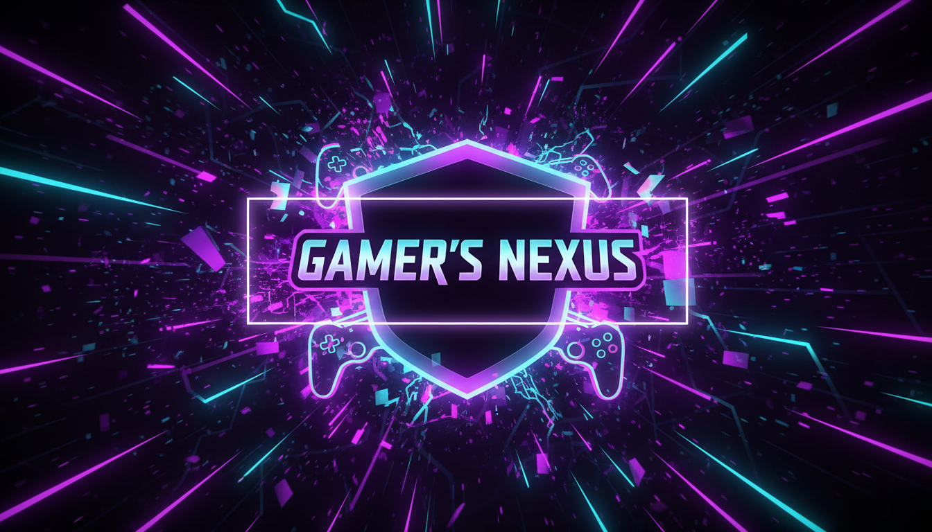 AI YouTube banner maker result showing a gaming channel banner with a dark neon purple and cyan background, energy particles, and a central safe zone for the channel name