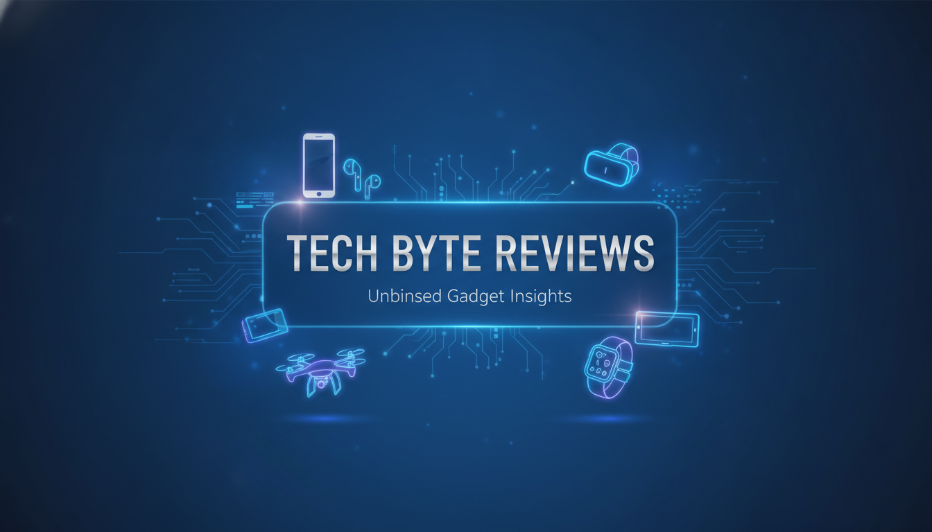 AI YouTube banner maker result showing a clean tech review channel banner with a deep blue gradient, gadget icons, and a minimal central text area