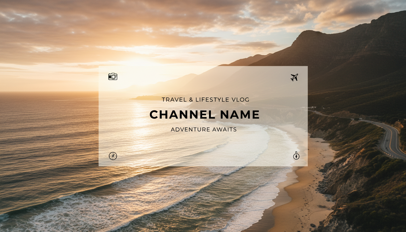 AI YouTube banner maker result showing a travel and lifestyle vlog banner with a golden sunset coastline and a bright central space for the channel name