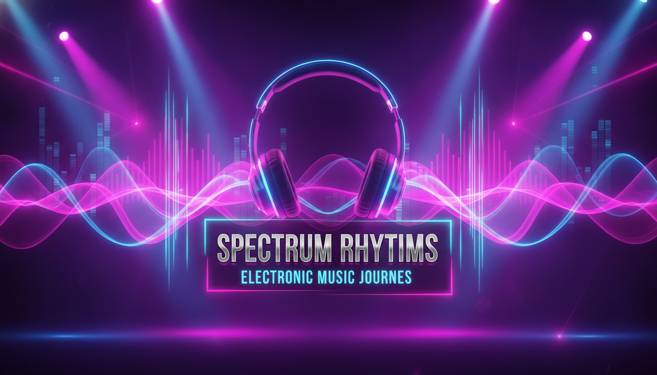 AI YouTube banner maker result showing a music channel banner with vibrant sound waves, glowing headphones, and a bold central headline area