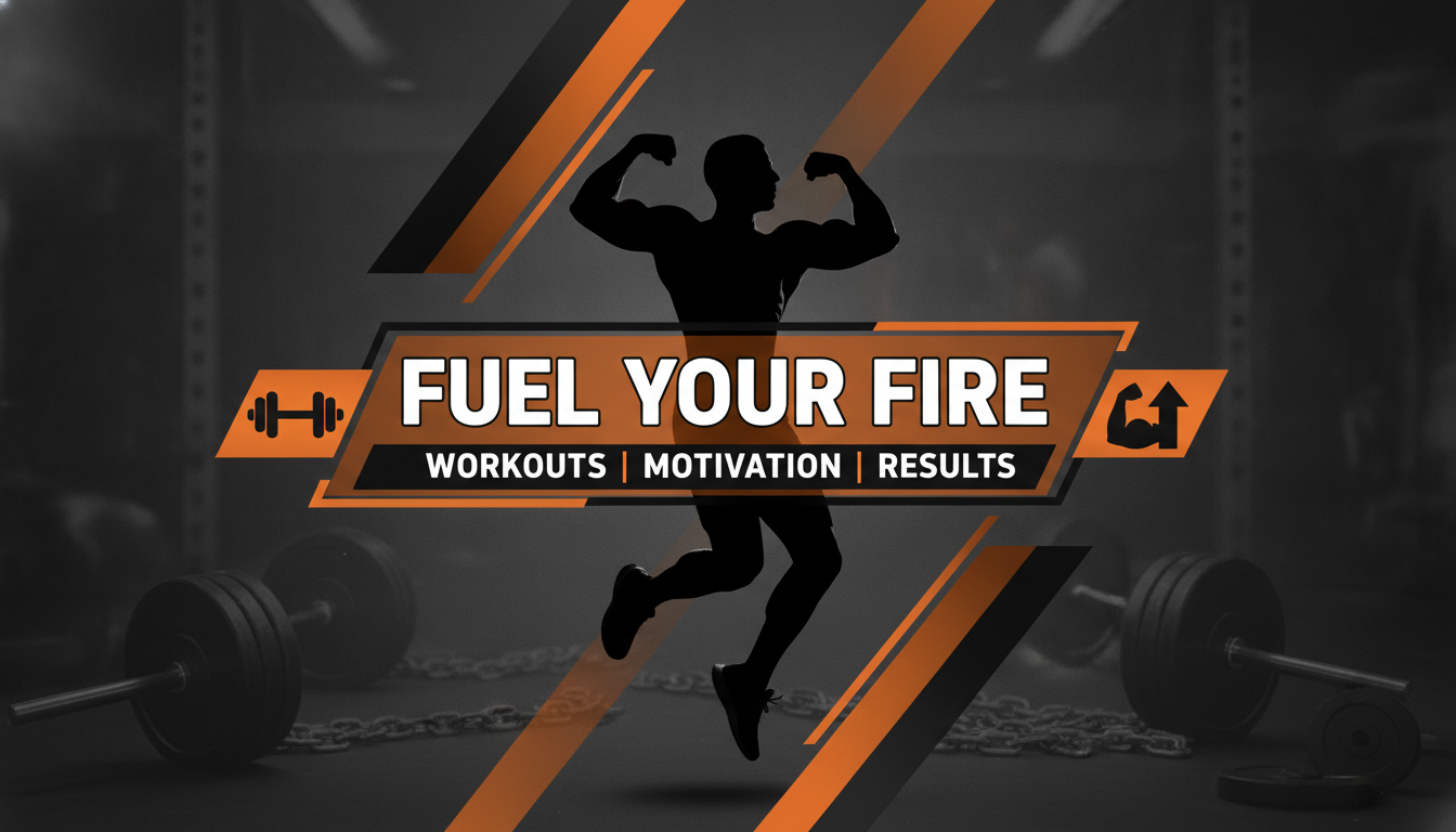AI YouTube banner maker result showing a fitness channel banner with an athletic silhouette, bold orange and black diagonals, and a strong central headline space