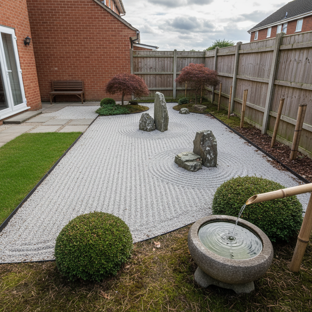 AI zen garden design generator result: a back garden laid with pale grey chippings raked into straight furrows and concentric rings around three groups of weathered rocks bedded into the gravel, with clipped evergreen domes, two Japanese maples, a steel edging strip against a lawn and a close-boarded fence behind.