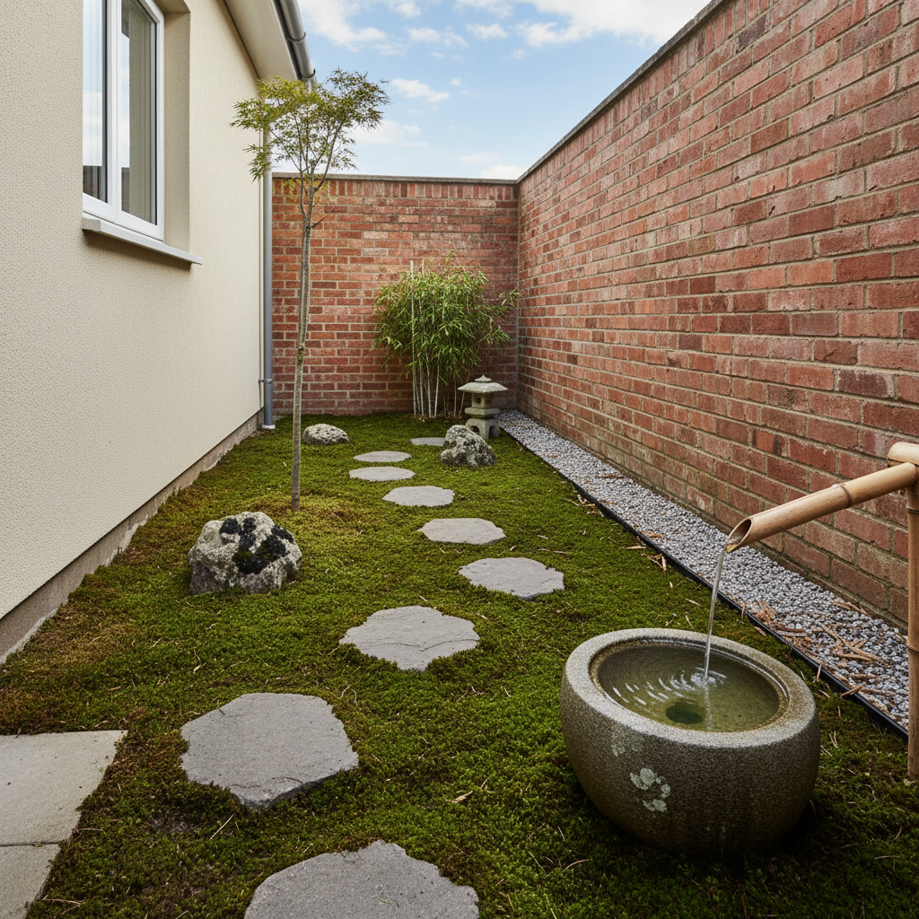 AI zen garden design generator result: a narrow moss courtyard in the passage between a rendered house wall and a red brick boundary wall, with flat grey stepping stones set into the moss, rocks bedded in it, dwarf bamboo, a slim maple and a raked gravel strip along the foot of the brick.