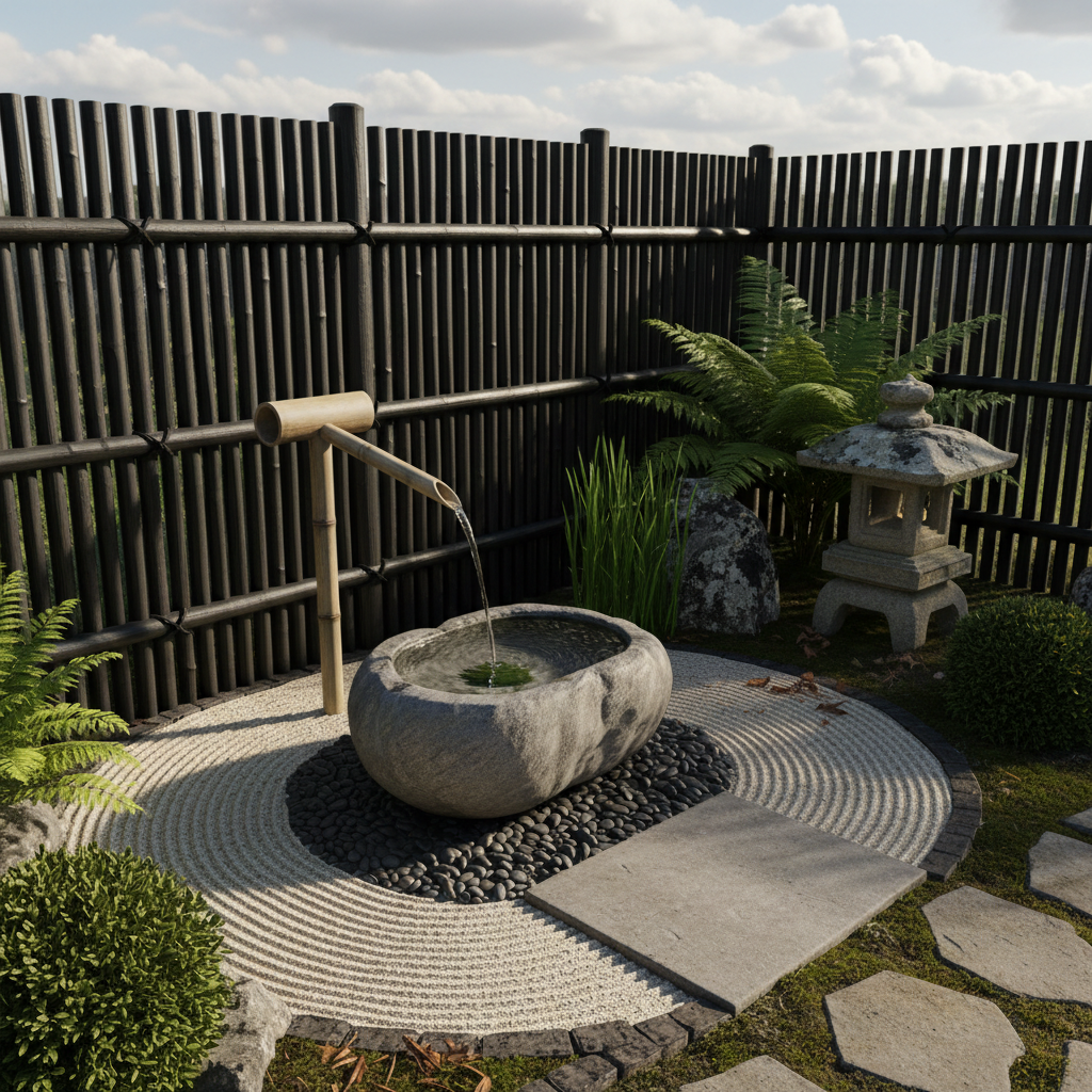 AI zen garden design generator result: a hollowed grey stone water basin on dark cobbles fed by a bamboo spout, with pale chippings raked in tight rings around it, a black bamboo screen fence bound with twine knots behind, a lichen-covered stone lantern, ferns and a clipped box mound.