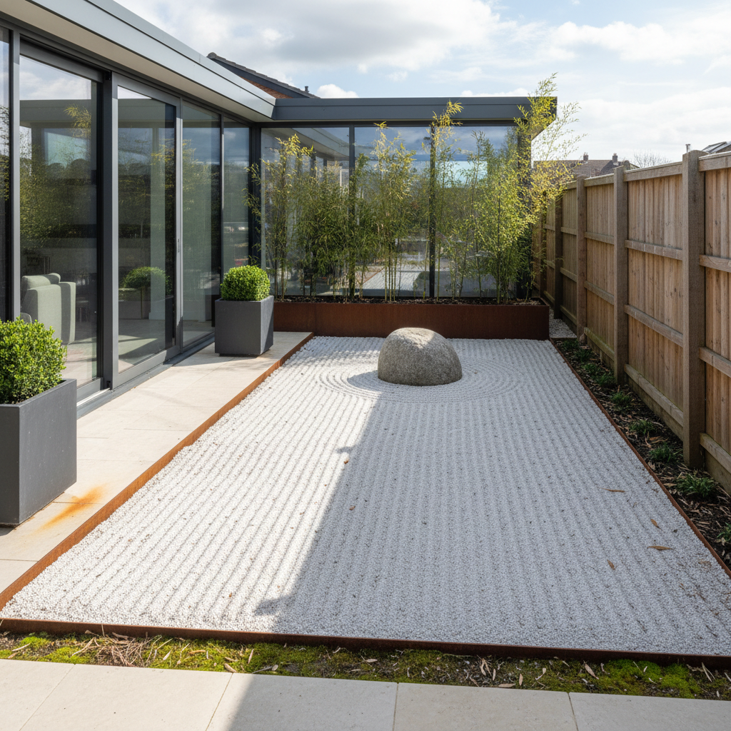 AI zen garden design generator result: a minimalist rectangle of near-white chippings raked into straight furrows inside a rusted corten steel edging strip, with one rounded boulder bedded into the gravel, bamboo in a corten planter, charcoal cube planters and a glass extension reflecting the sky.