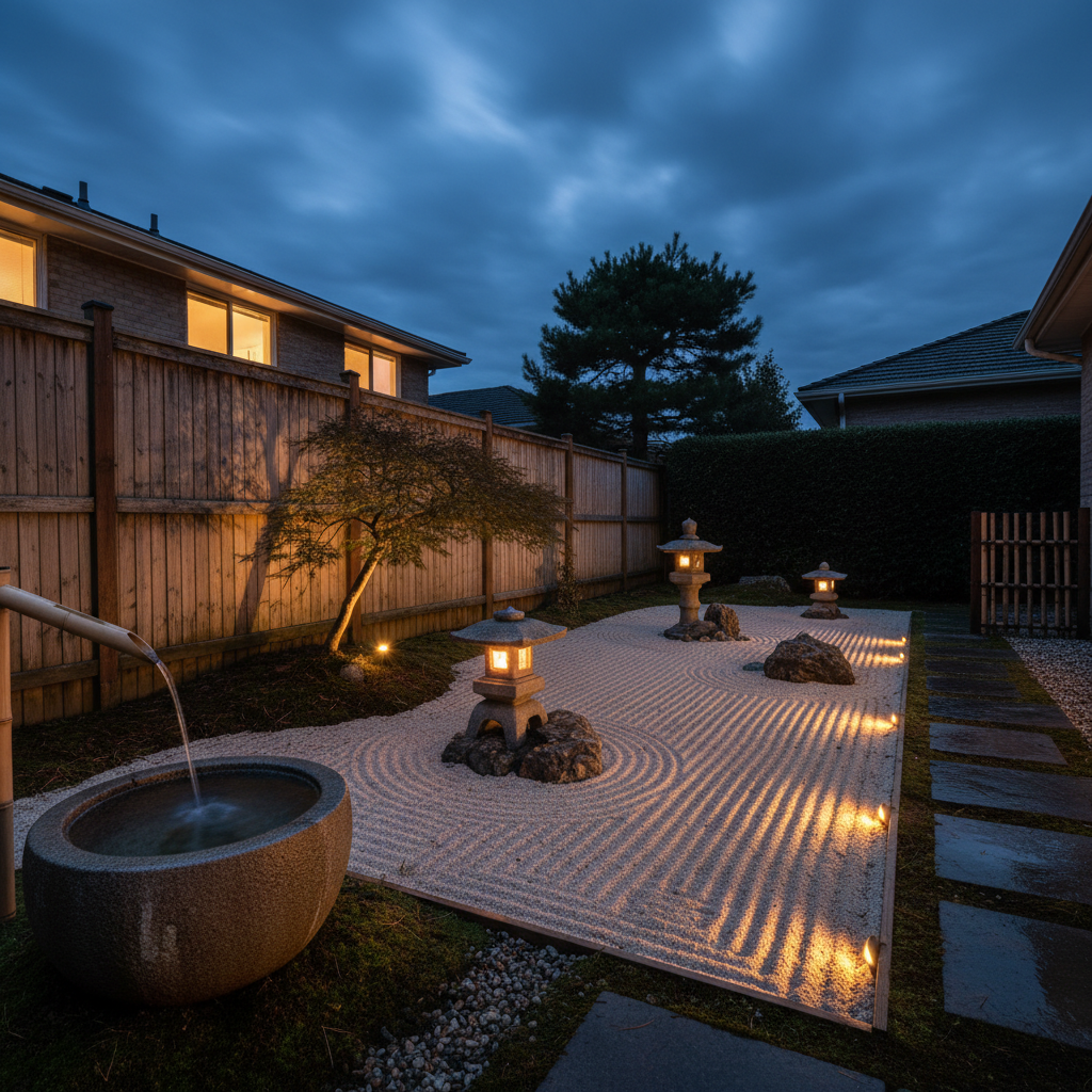 AI zen garden design generator result: a zen garden at blue dusk with three stone lanterns burning warm inside their fireboxes, a Japanese maple uplit so its branch shadow falls across the fence, small lights along the paving edge, raked gravel catching the light and a house with lit windows behind.