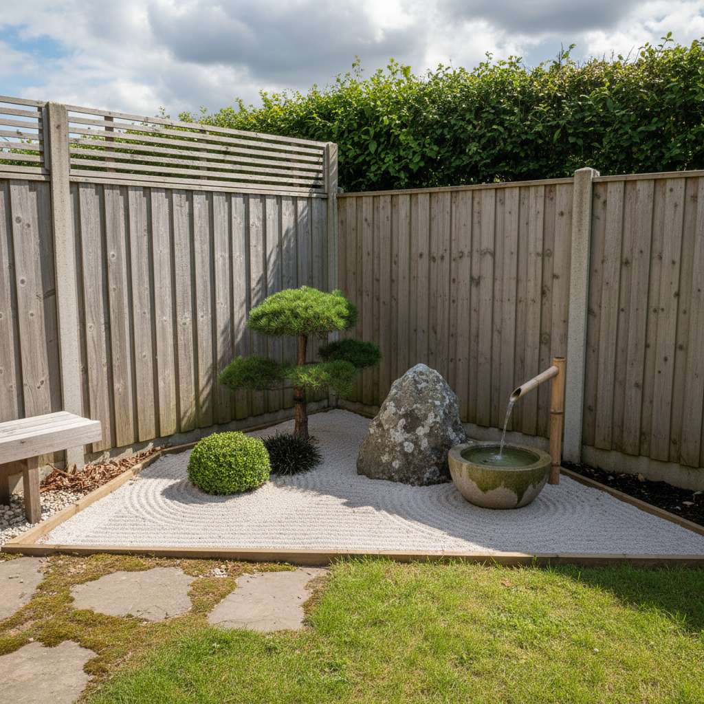 AI zen garden design generator result: a small triangular bed of raked chippings tucked into the corner where two fence panels meet, with a cloud-pruned dwarf pine, a clipped box mound, black mondo grass, one large lichened rock, a timber edging board and mown lawn running up to it.