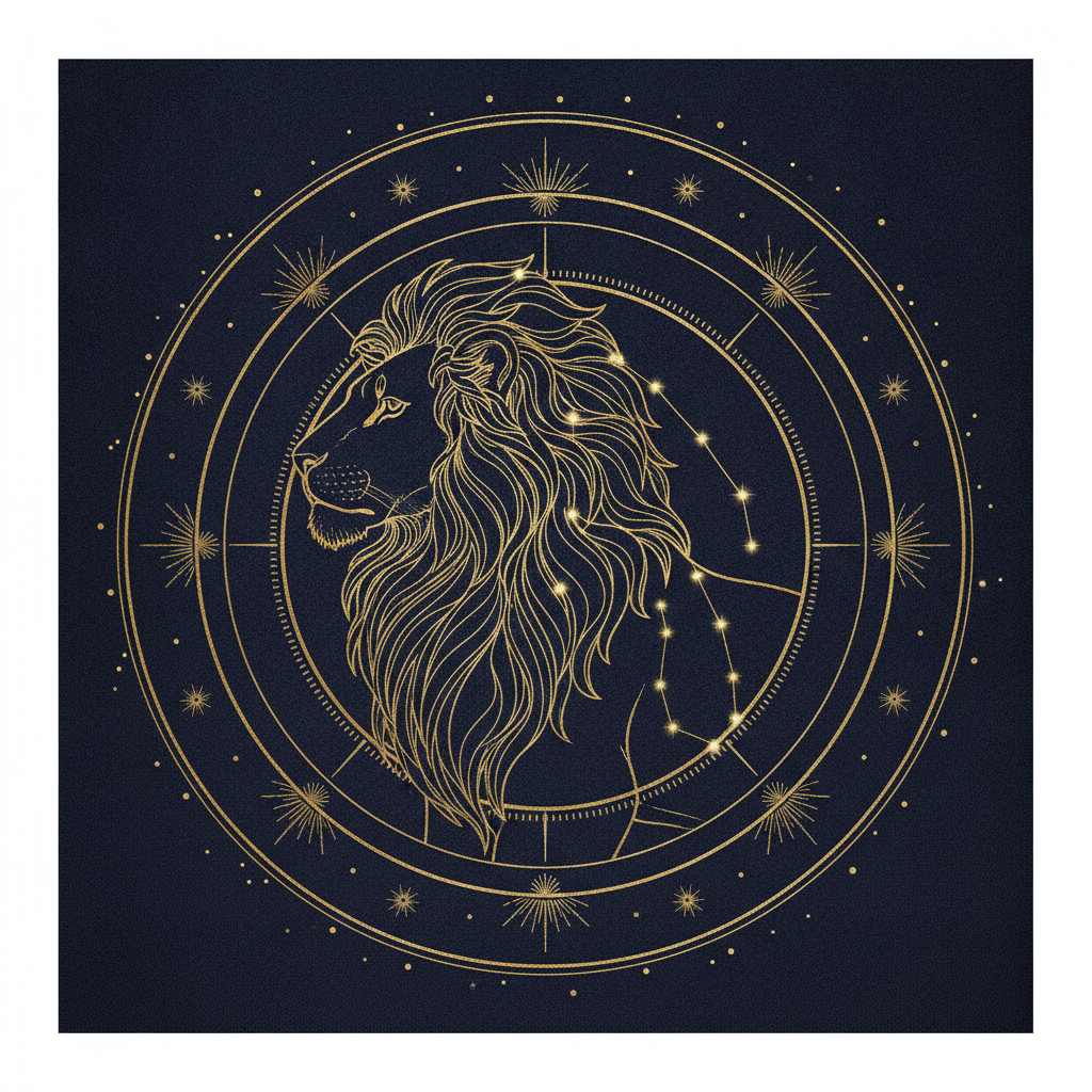 AI zodiac art generator result: the Leo lion drawn in fine metallic gold linework over a deep midnight navy background, with the Leo constellation overlaid as glowing connected stars