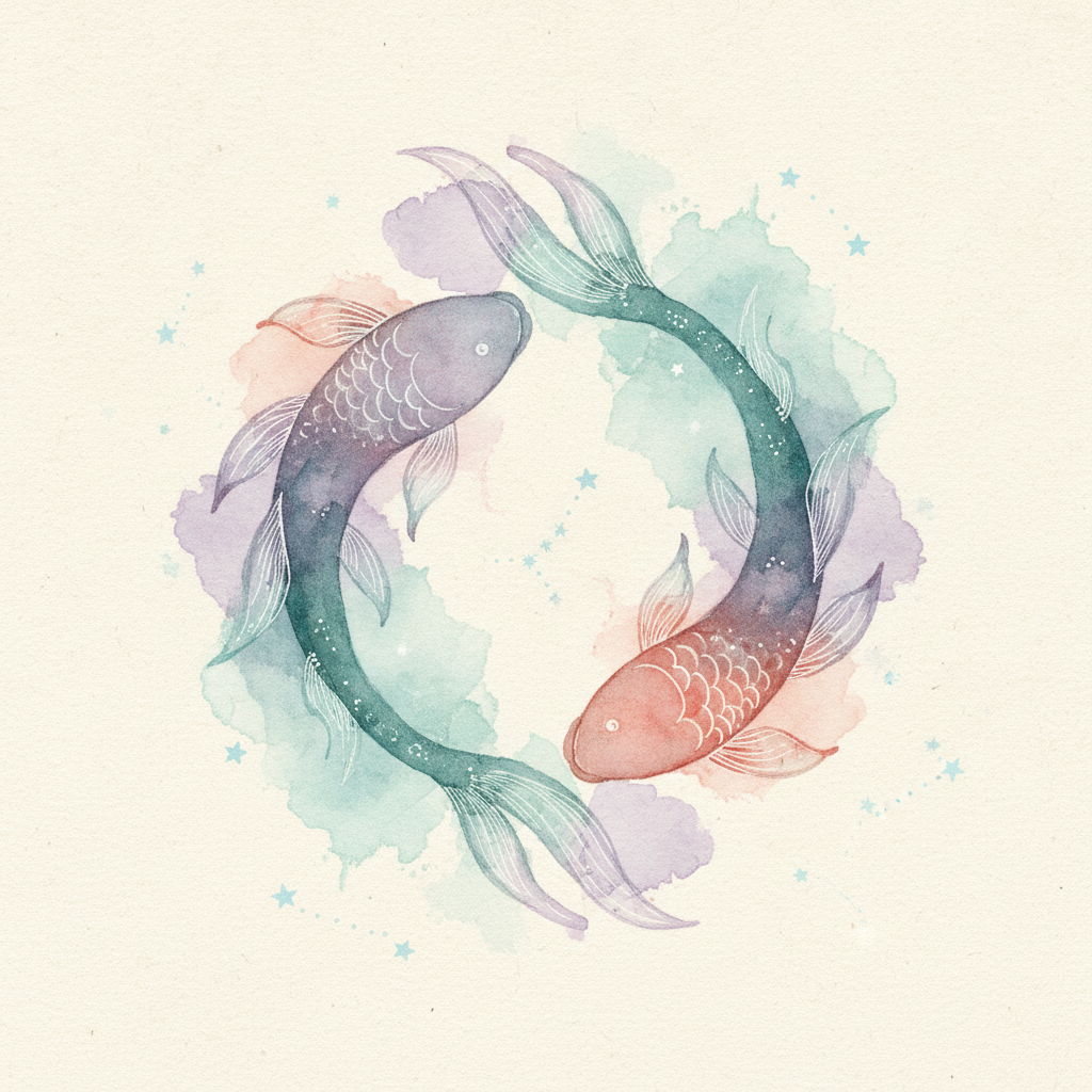 Mystical watercolour zodiac art made with AI: the two Pisces fish circling each other in loose aqua, teal and lilac washes on warm off-white paper