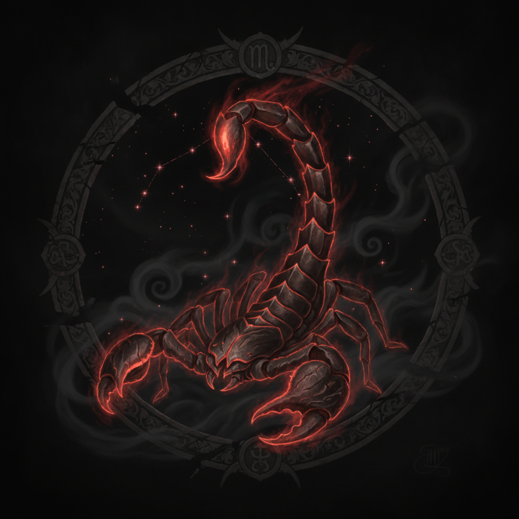 Dark fantasy zodiac artwork made with AI: the Scorpio scorpion with its tail arched, rimmed in ember-red light against a near-black smoky background