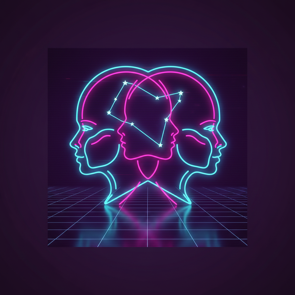 Neon cyber zodiac art from the AI zodiac art generator: the Gemini twins as layered overlapping profiles in glowing cyan and magenta neon above a dark violet retro grid
