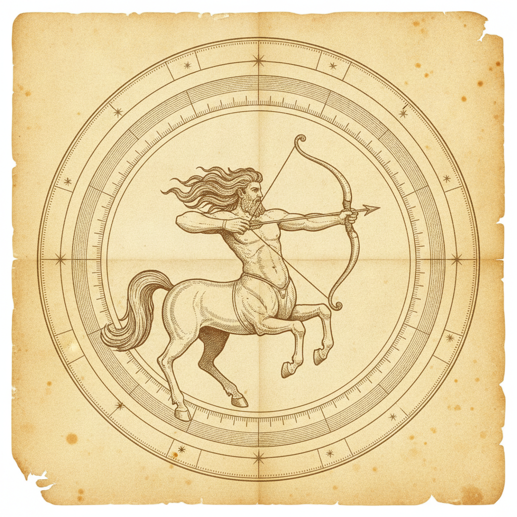 Vintage star chart zodiac art made with AI: the Sagittarius centaur archer drawing a bow, engraved in sepia cross-hatching on aged foxed parchment inside an ornate ringed astronomical border