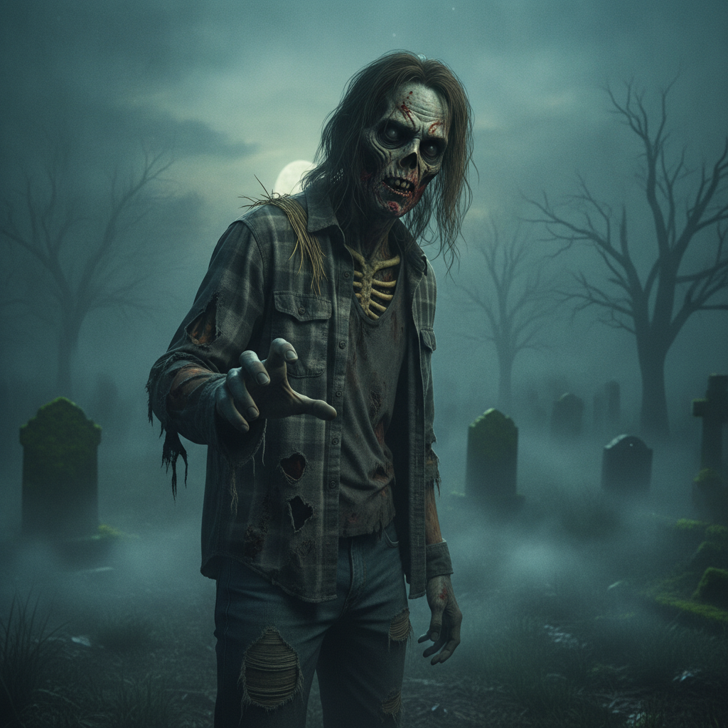 AI zombie generator result showing a person turned into a classic undead zombie with decayed gray-green skin and tattered clothing in a foggy graveyard, real face preserved