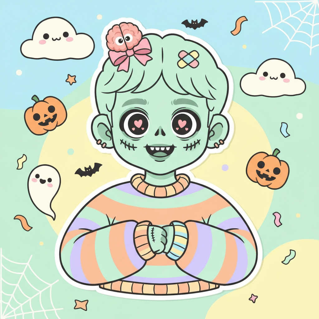 AI zombie generator result showing a person as a cute cartoon zombie with pale mint-green skin, big eyes, and a goofy stitched smile on a pastel Halloween background
