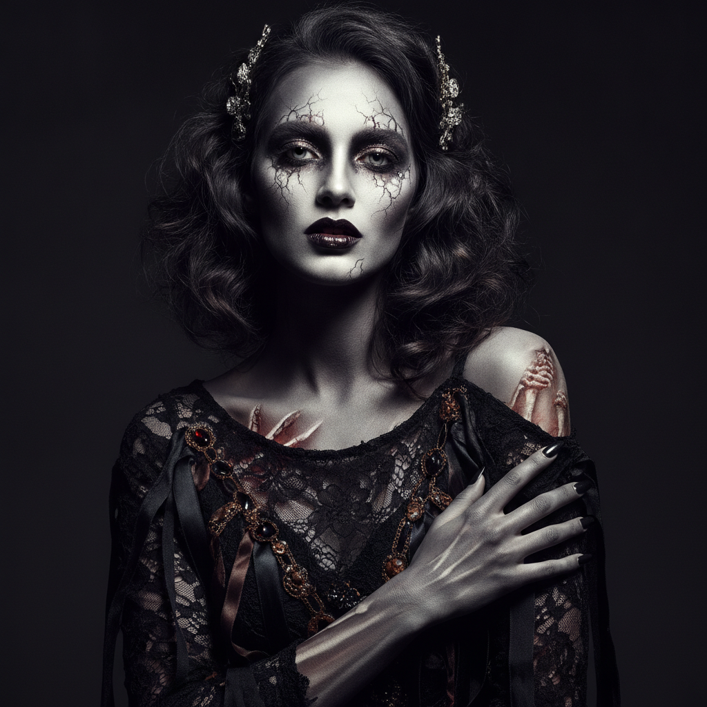 AI zombie generator result showing a woman as a glamorous fashion zombie with smoky makeup and pale cracked skin in a dramatic studio portrait, real face preserved