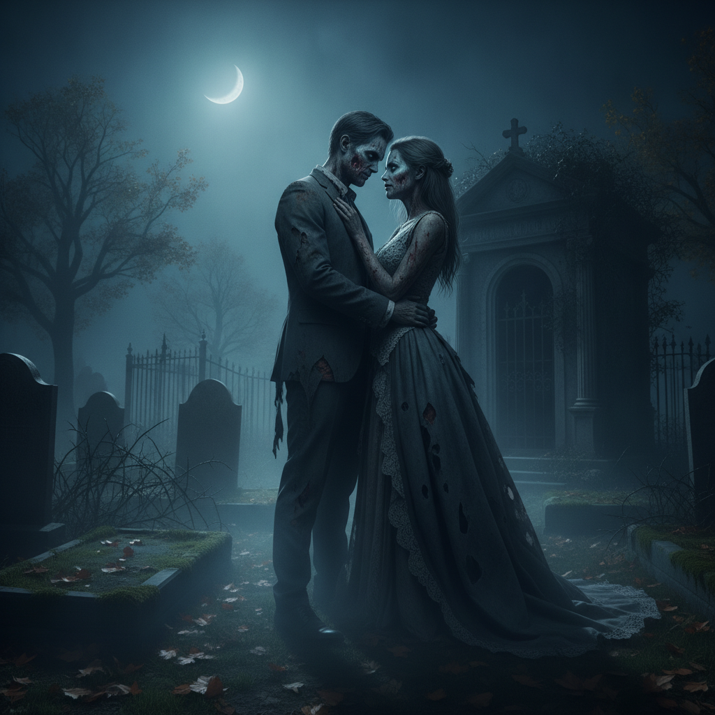 AI zombie generator result showing a couple turned into two matching zombies with decayed skin and tattered outfits in a moonlit graveyard, both real faces preserved