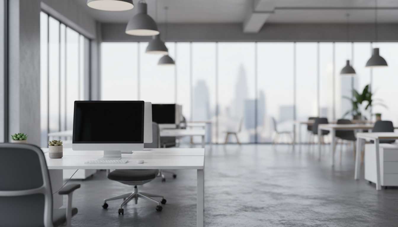 AI zoom background generator output — bright modern open-plan office virtual background with glass walls and soft daylight, zoom background generator result