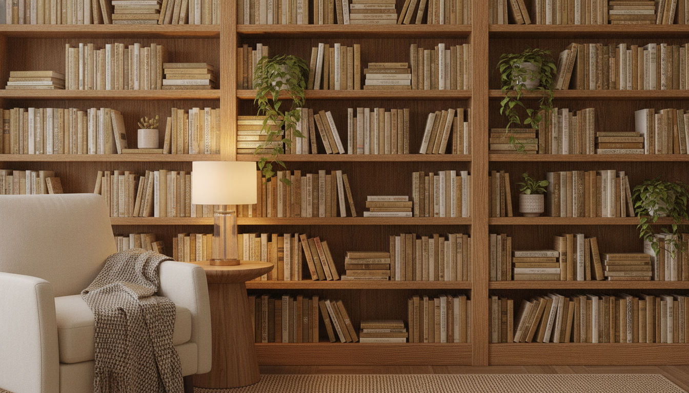 AI zoom background generator output — cozy home office virtual background with a warm wooden bookshelf and plants, video call background maker result