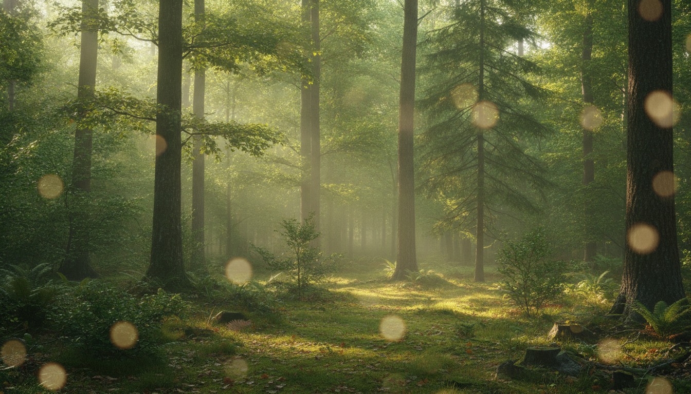 AI zoom background generator output — calm green forest virtual background with soft morning light, virtual background generator ai result