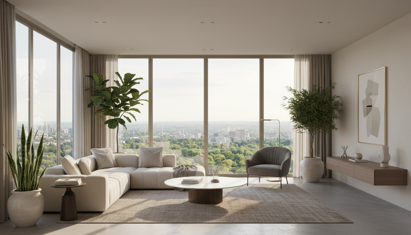 AI zoom background generator output — stylish modern living room virtual background with large windows and soft light, teams background generator result