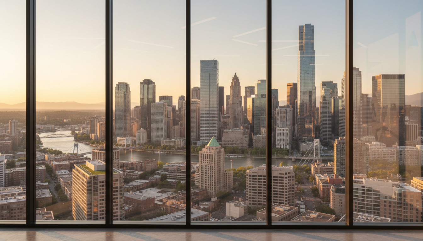 AI zoom background generator output — executive city skyline virtual background seen through floor-to-ceiling windows at golden hour, meeting background generator result
