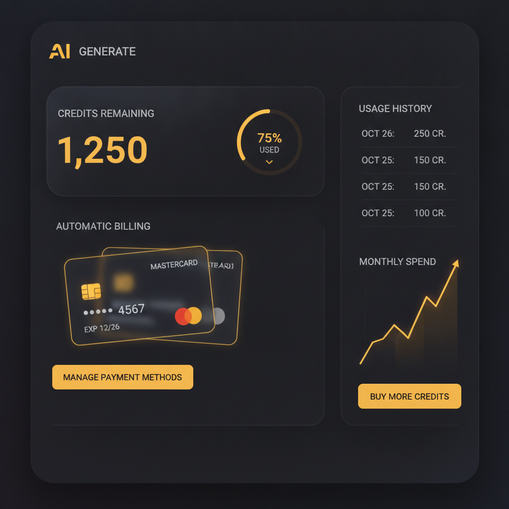 Auto-charge AI image service dashboard showing automatic credit billing and top-up in a dark modern interface