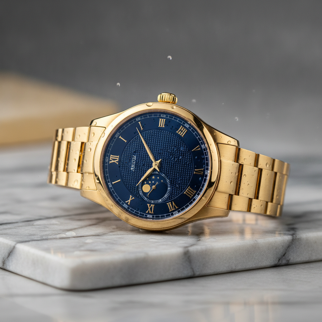 Photorealistic luxury watch product photo generated without interruption thanks to automatic AI image billing