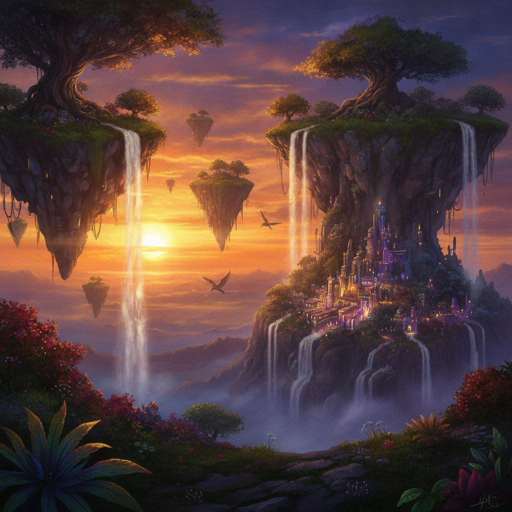 Epic fantasy landscape with floating islands created in a continuous session on the auto-charge AI image service