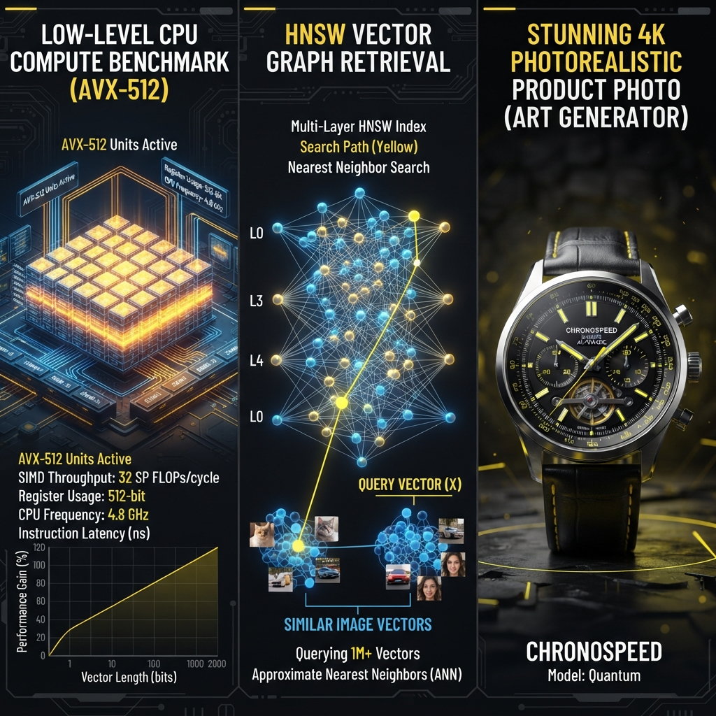 AVX-512 AI vs HNSW AI output quality comparison — a low-level CPU compute benchmark for AVX-512, a glowing multi-layer HNSW vector graph retrieving similar images, and a 4K photorealistic studio product photo of a wristwatch with a readable label from a dedicated art generator, dark theme
