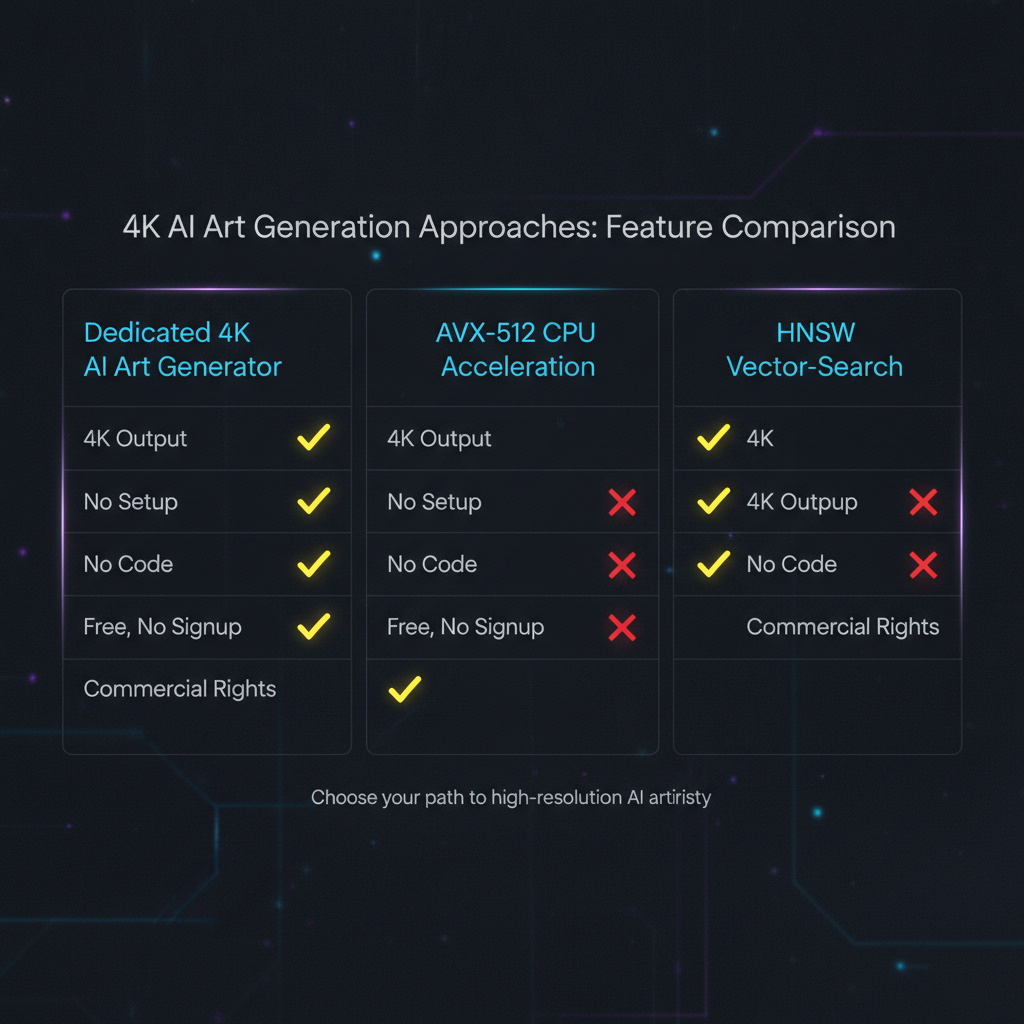 AVX-512 AI vs HNSW AI feature comparison infographic — a dark UI table comparing a dedicated 4K art generator, an AVX-512 CPU acceleration approach, and an HNSW vector-search approach across 4K output, no setup, no code, free no signup, and commercial rights with yellow checkmarks