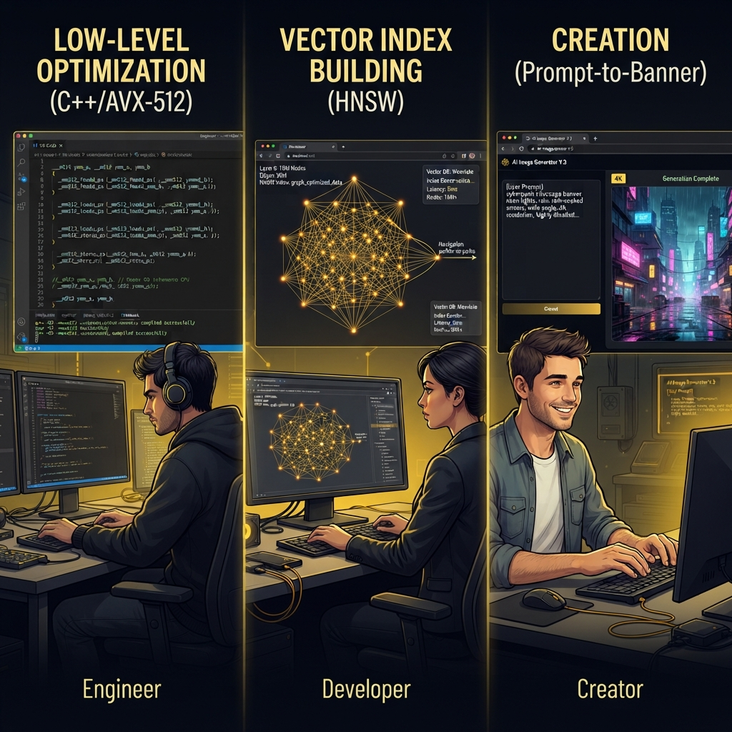 AVX-512 AI vs HNSW AI workflow contrast — left an engineer writing C++ intrinsics to optimize AVX-512 CPU inference, center a developer building an HNSW index in a vector database with graph nodes on screen, right a creator typing one prompt into a browser art generator for an instant 4K banner
