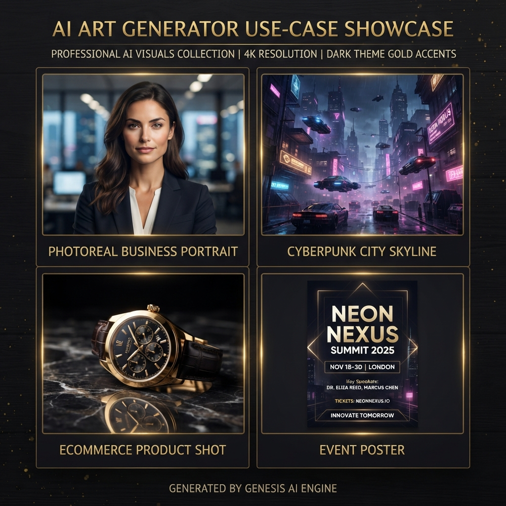 AVX-512 AI vs HNSW AI use-case showcase — a grid of dedicated AI art generator output including a photoreal business portrait, a cyberpunk city skyline, an ecommerce product shot, and an event poster with readable text, professional 4K quality dark theme
