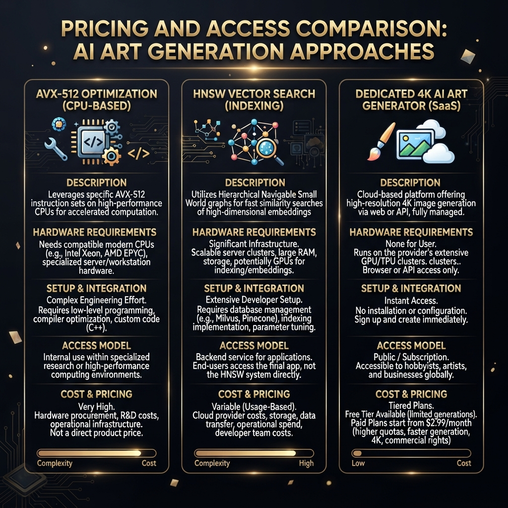 AVX-512 AI vs HNSW AI pricing and access comparison infographic — an AVX-512 approach needing engineering and compatible CPU hardware, an HNSW approach needing developer setup and infrastructure, and a dedicated 4K AI art generator with a free tier and plans from 2.99 dollars per month, gold and dark theme