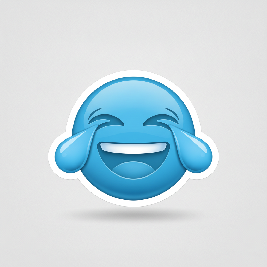 Blue emoji sticker of a laughing-crying round blue face with tears of joy, glossy die-cut style