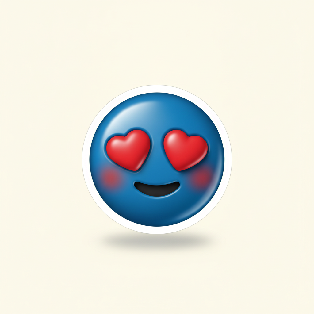Blue emoji sticker of a heart-eyes in-love round blue face with two red hearts for eyes