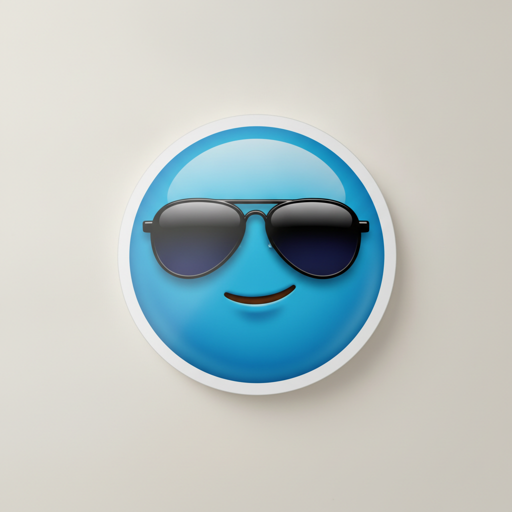 Blue emoji sticker of a cool round blue face wearing black sunglasses with a slight smirk