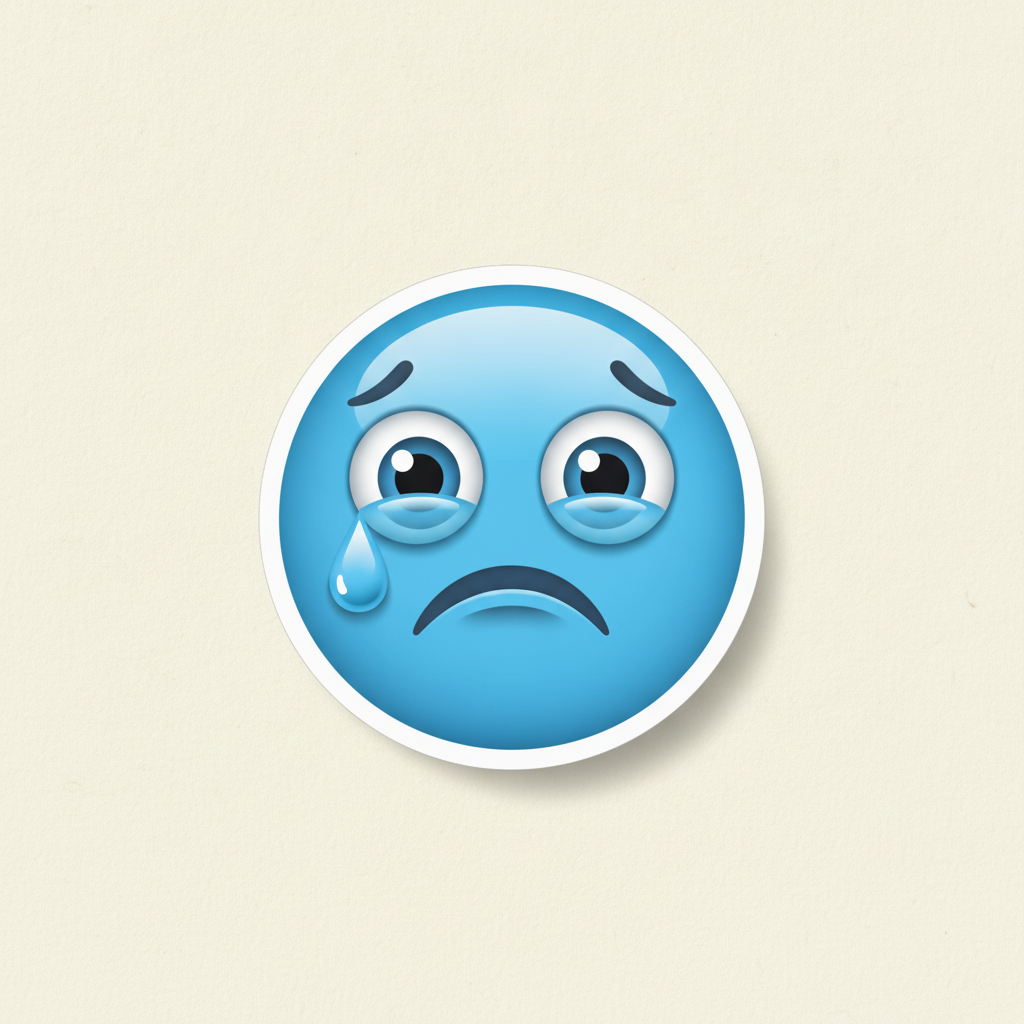 Blue emoji sticker of a sad teary round blue face with a quivering frown and one big tear