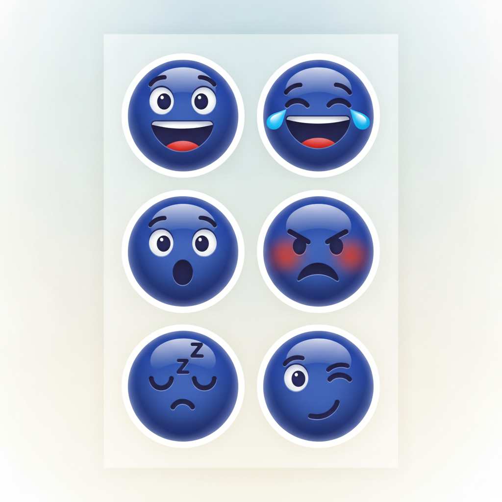 Sticker sheet of six expressive blue emoji faces — happy, laughing, surprised, angry, sleepy and winking