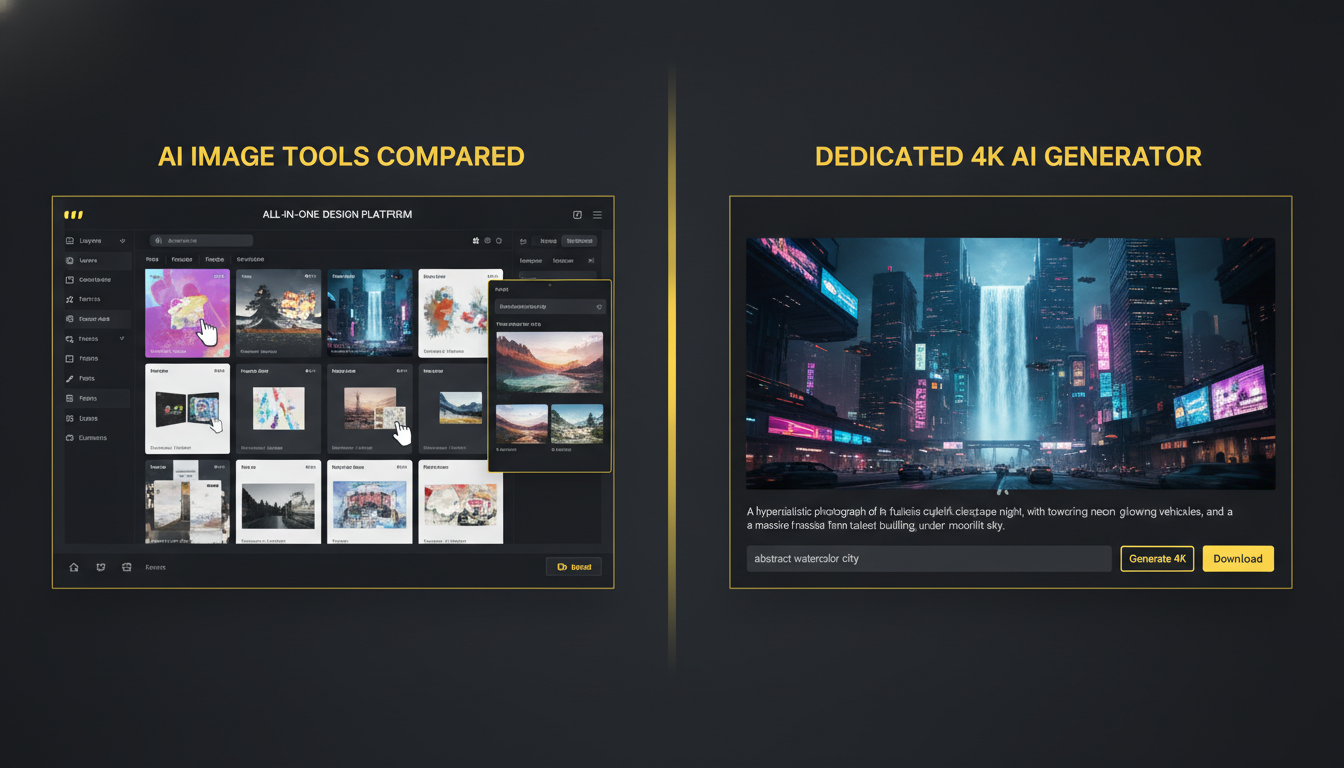 Canva AI vs BananaNano2 split-screen hero — left side an all-in-one drag-and-drop design platform with templates and a built-in AI image panel, right side a dedicated 4K AI image generator rendering a photorealistic scene from a text prompt, dark theme yellow accents