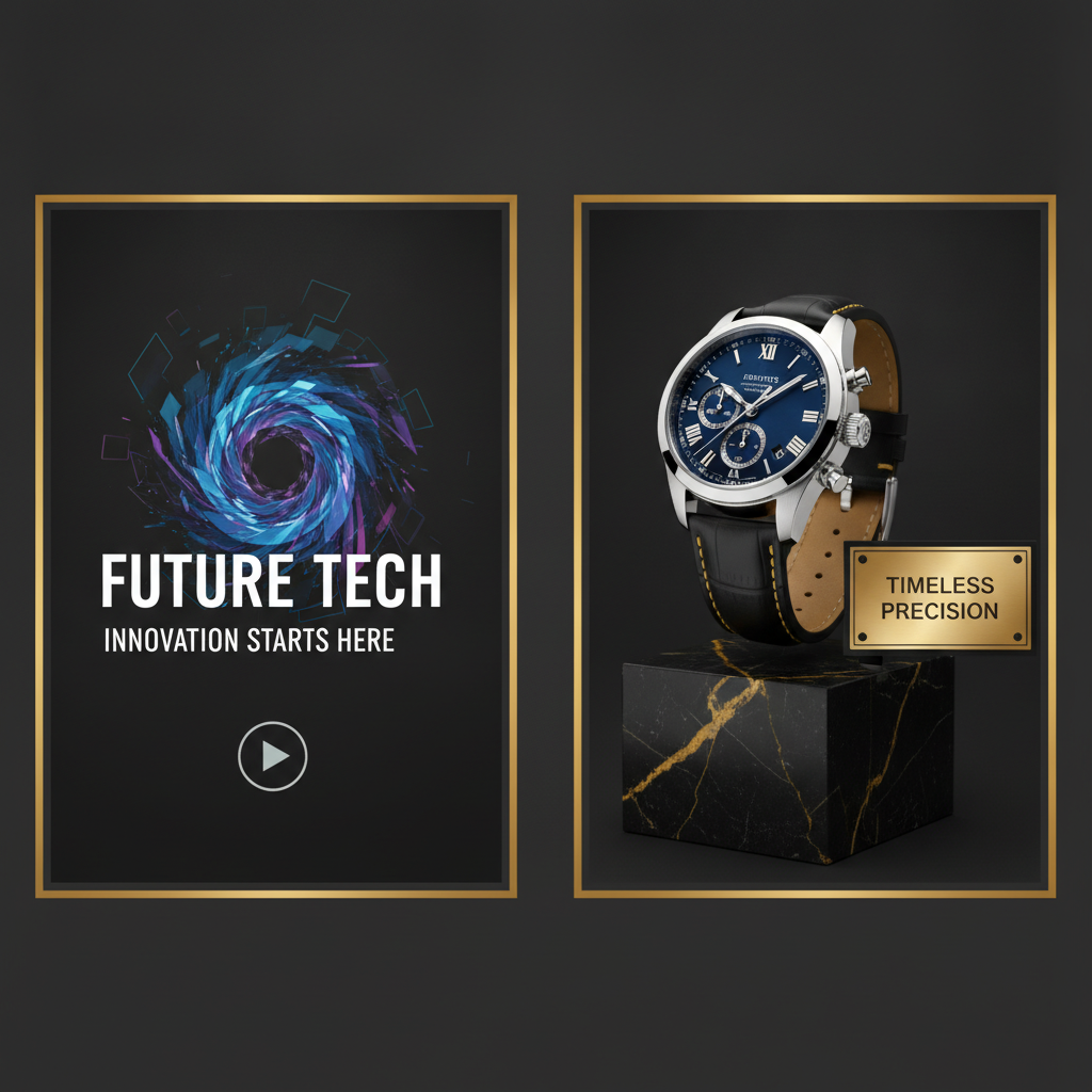 Canva AI vs BananaNano2 image quality comparison — left panel a quick template-based social graphic, right panel a crisp 4K photorealistic studio product photo of a wristwatch with a readable text label, gallery framing dark theme