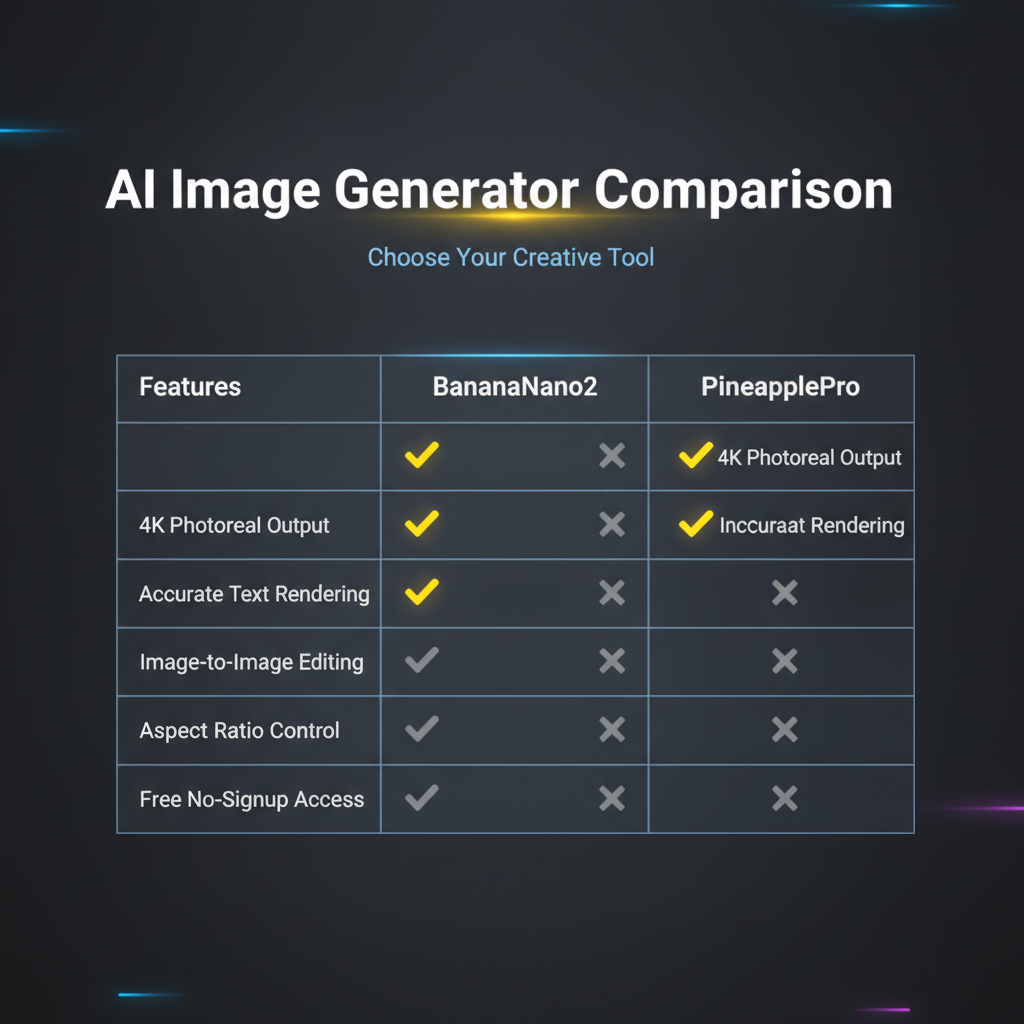 Canva AI vs BananaNano2 feature comparison infographic — dark UI table listing 4K photoreal output, accurate text rendering, image-to-image editing, aspect ratio control, and free no-signup access with yellow checkmarks on the BananaNano2 column