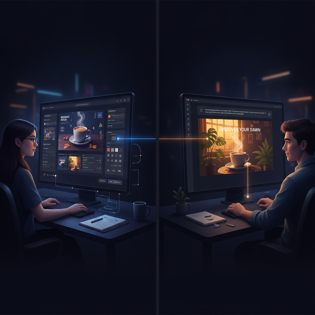 Canva AI vs BananaNano2 workflow comparison — left side a marketer assembling a multi-element design in an all-in-one editor with templates and brand kit, right side a creator typing a single prompt into a professional AI image generator producing a photorealistic 4K marketing banner