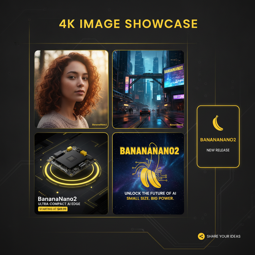 Canva AI vs BananaNano2 use-case showcase — a grid of BananaNano2 generated 4K images including a photoreal portrait, a cyberpunk city, an ecommerce product shot, and a poster with readable text, next to a small template-based social graphic card